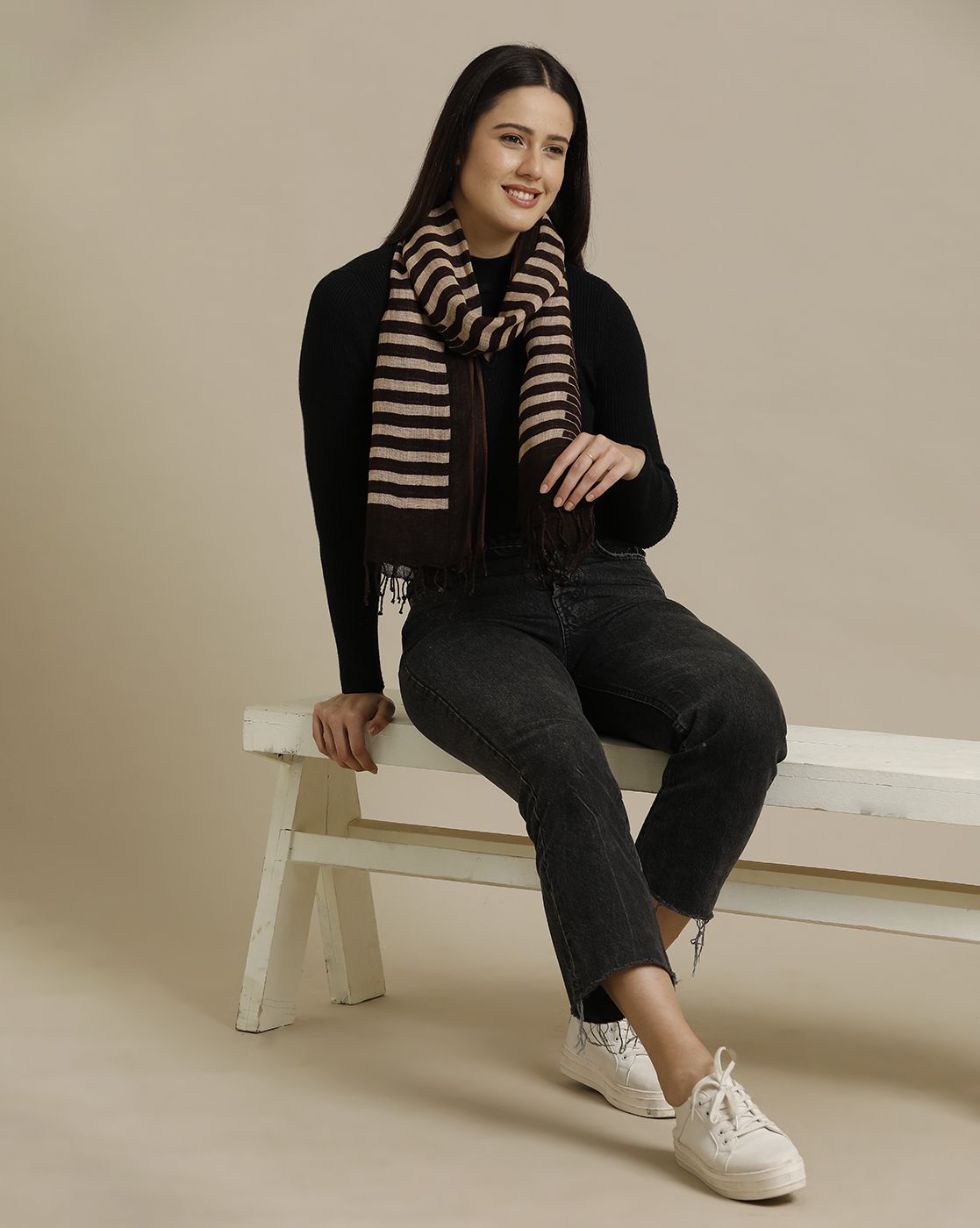 Unisex Brown Striped Linen Stole