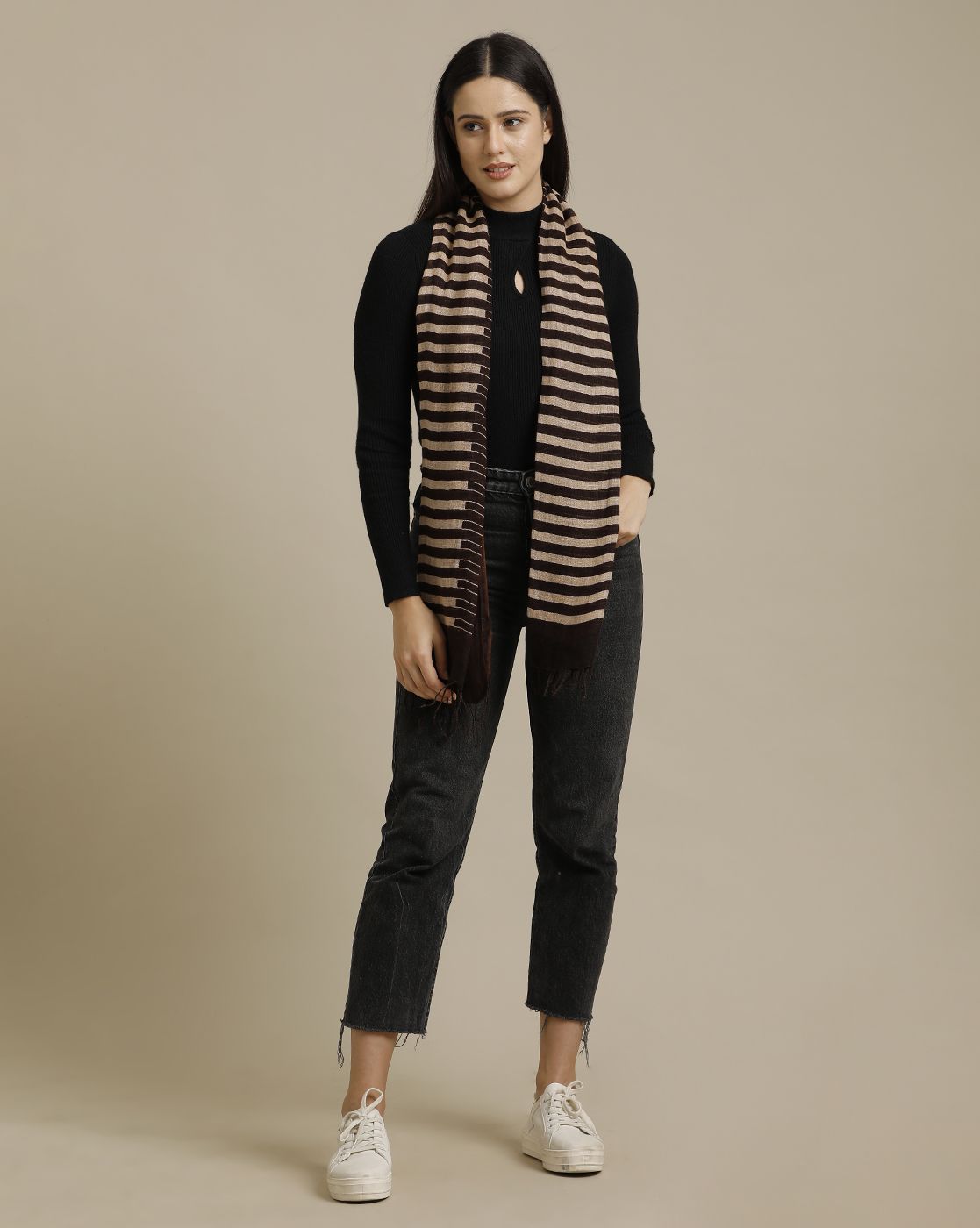Unisex Brown Striped Linen Stole