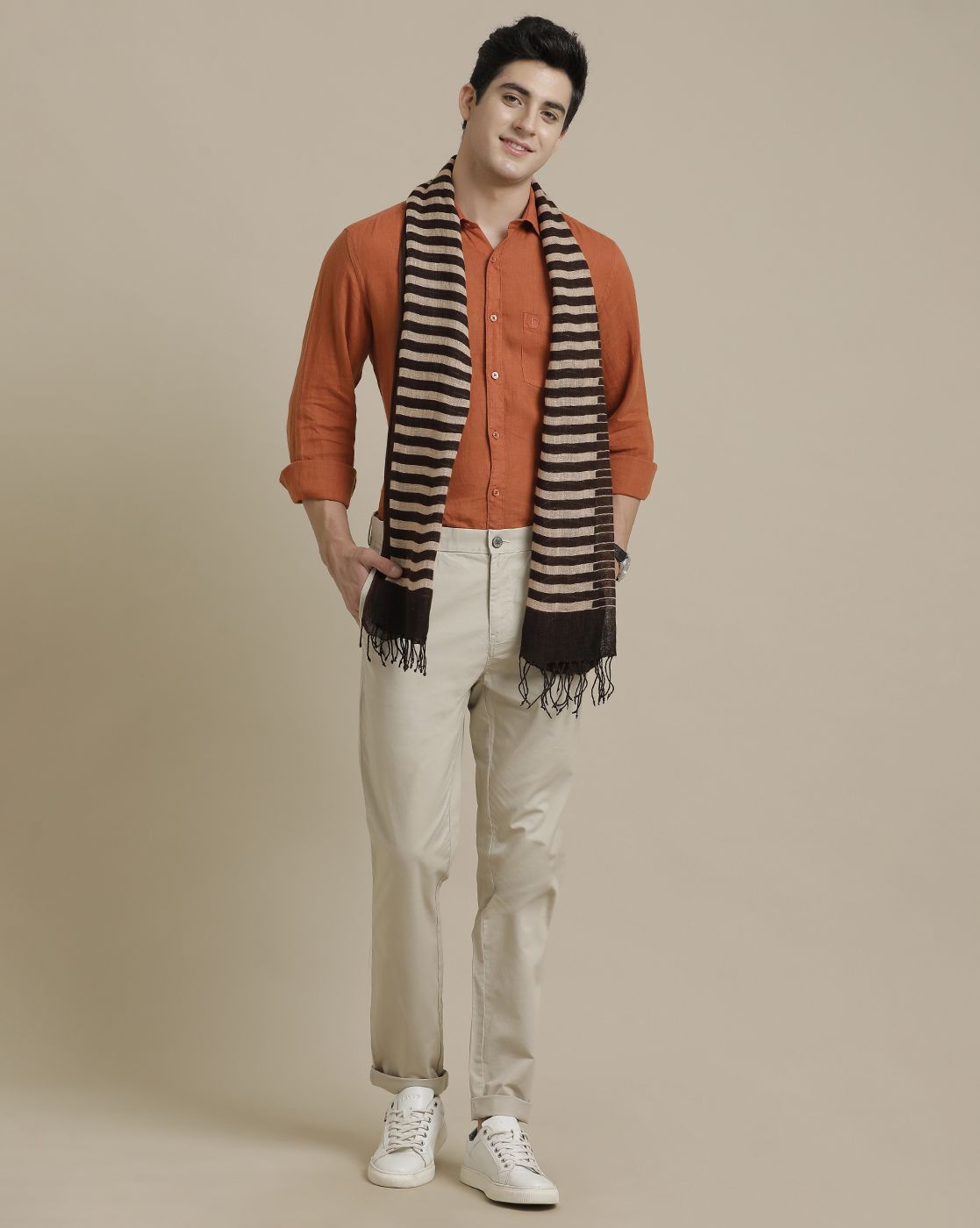 Unisex Brown Striped Linen Stole
