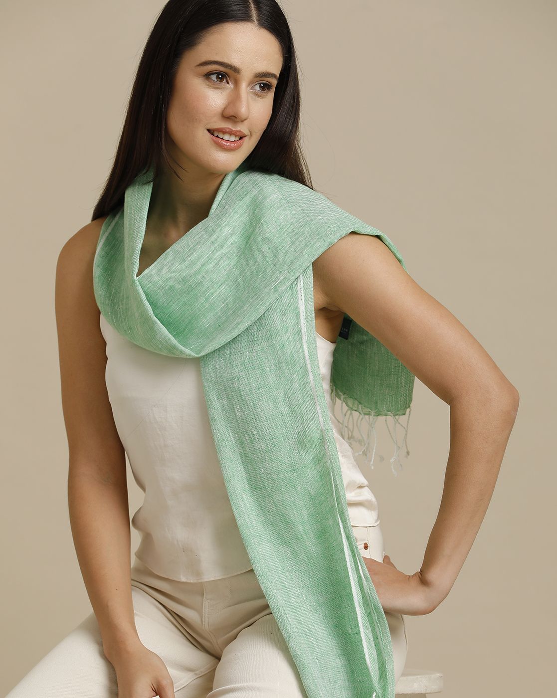 Linen Club Green Solid Pure Linen Unisex Stole