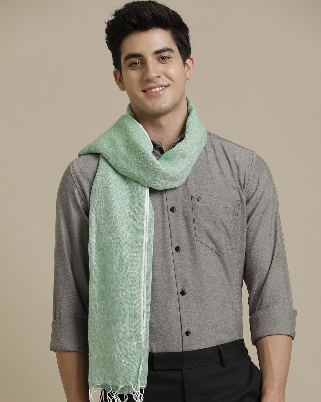 Linen Club Green Solid Pure Linen Unisex Stole