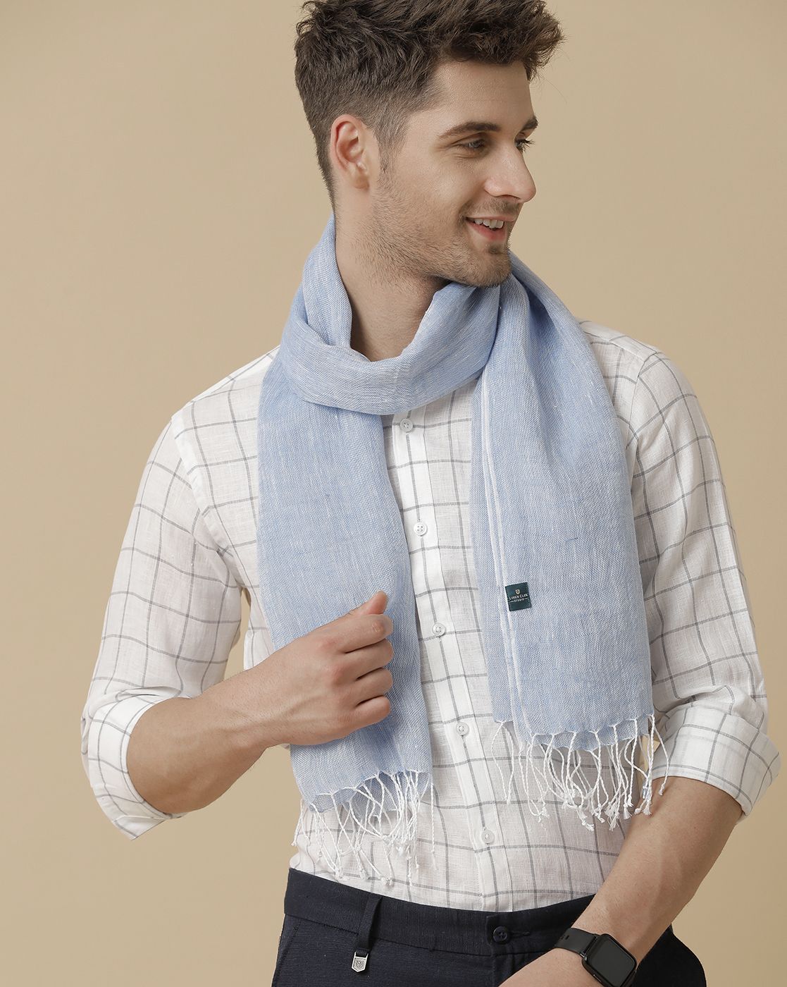 Linen Club Blue Solid Pure Linen Unisex Stole