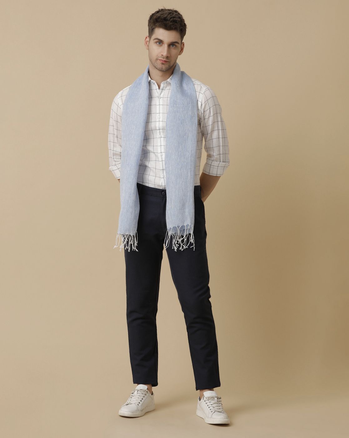 Linen Club Blue Solid Pure Linen Unisex Stole