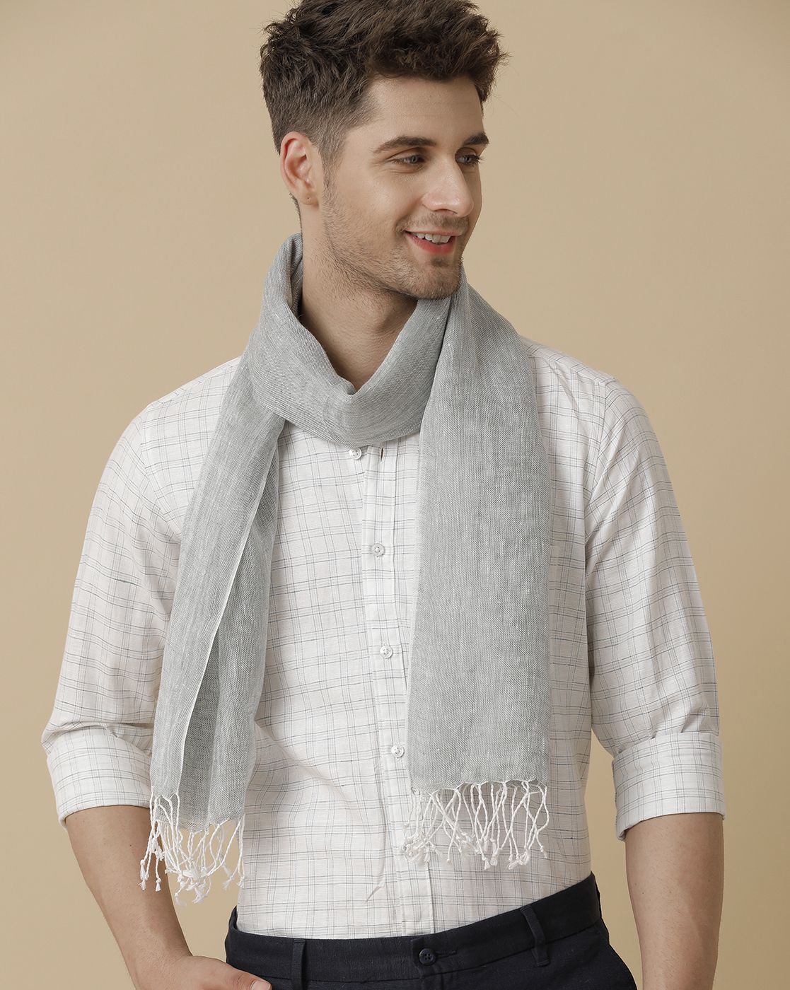 Linen Club Grey Solid Pure Linen Unisex Stole