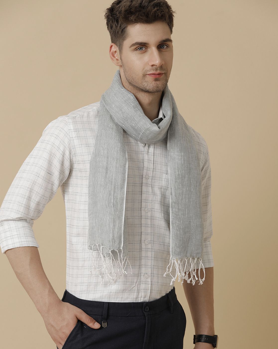 Linen Club Grey Solid Pure Linen Unisex Stole