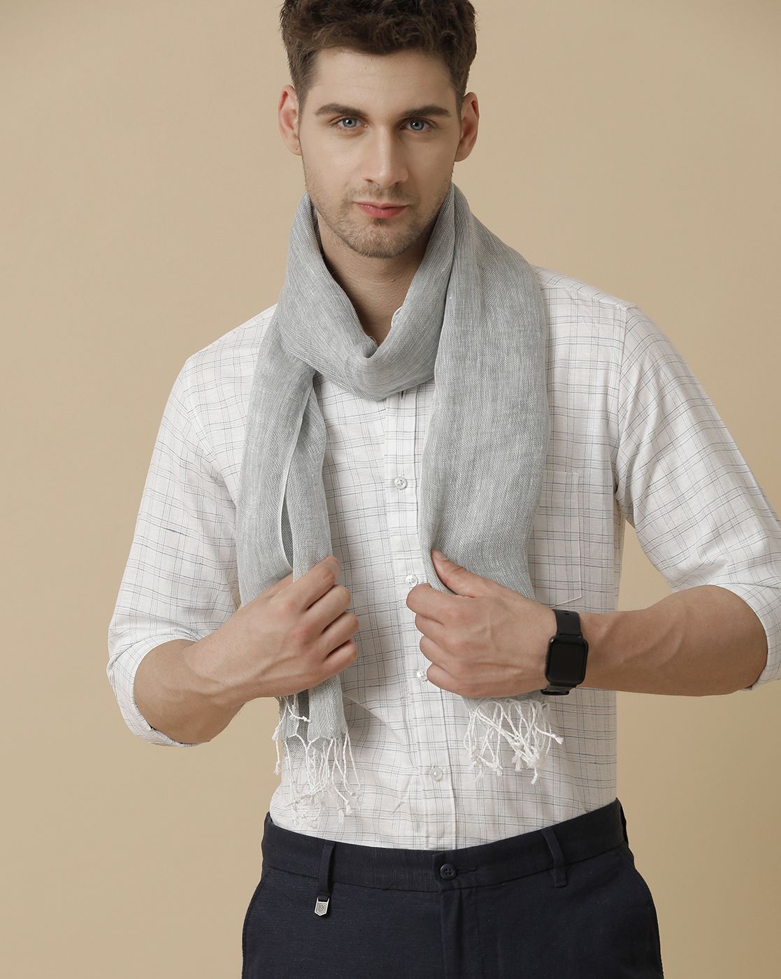 Linen Club Grey Solid Pure Linen Unisex Stole