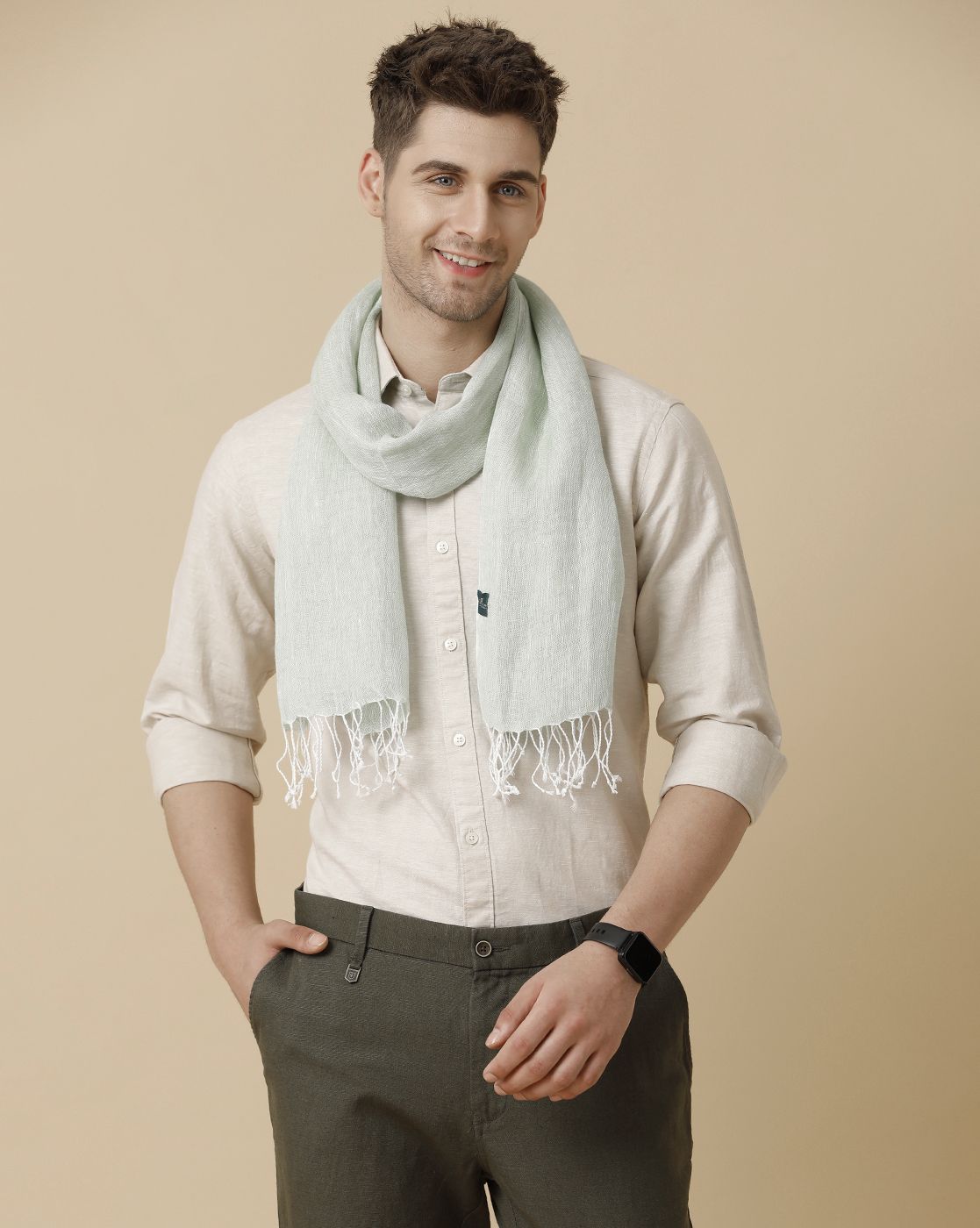 Linen Club Green Solid Pure Linen Unisex Stole