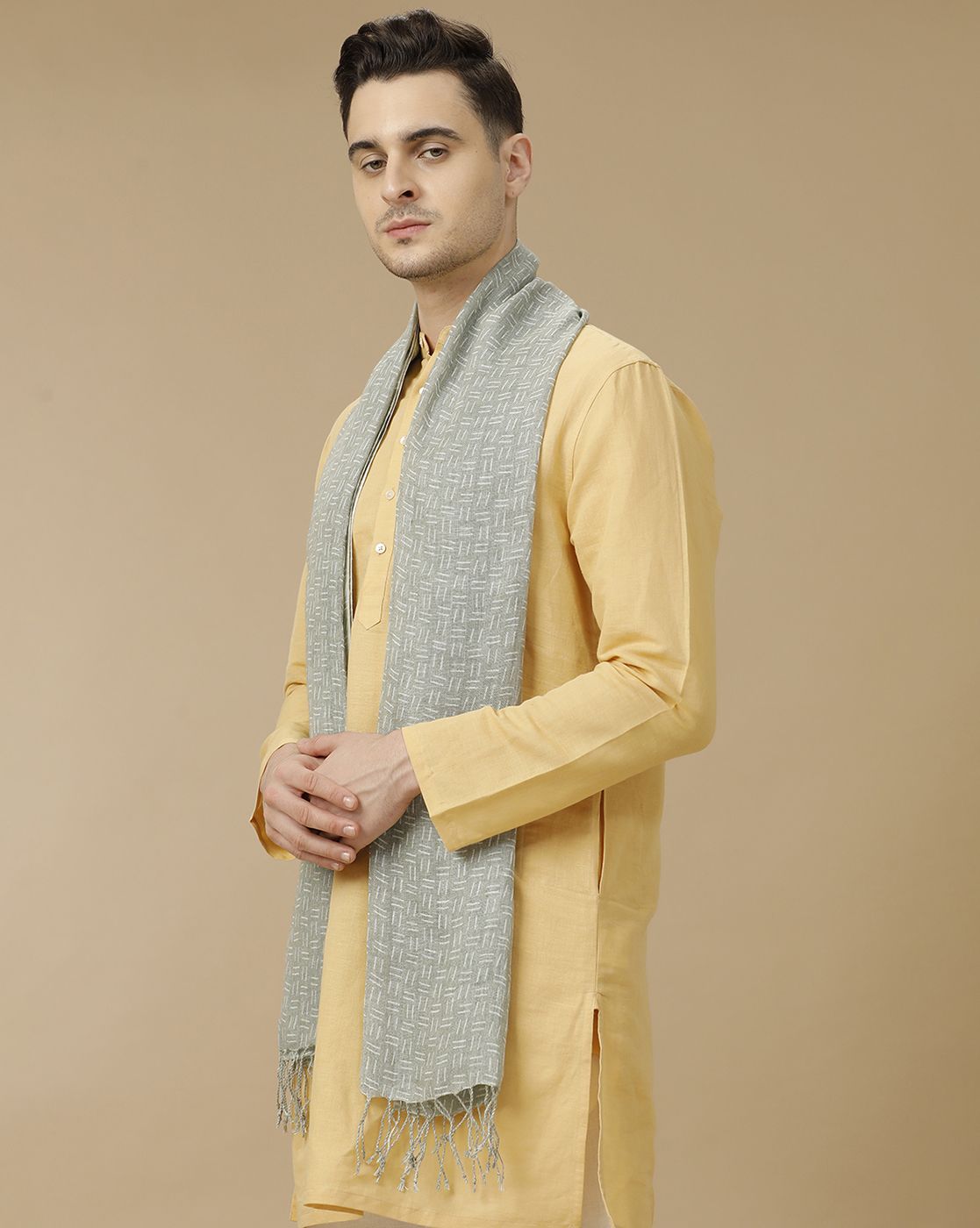 Unisex Green Printed Linen Stole