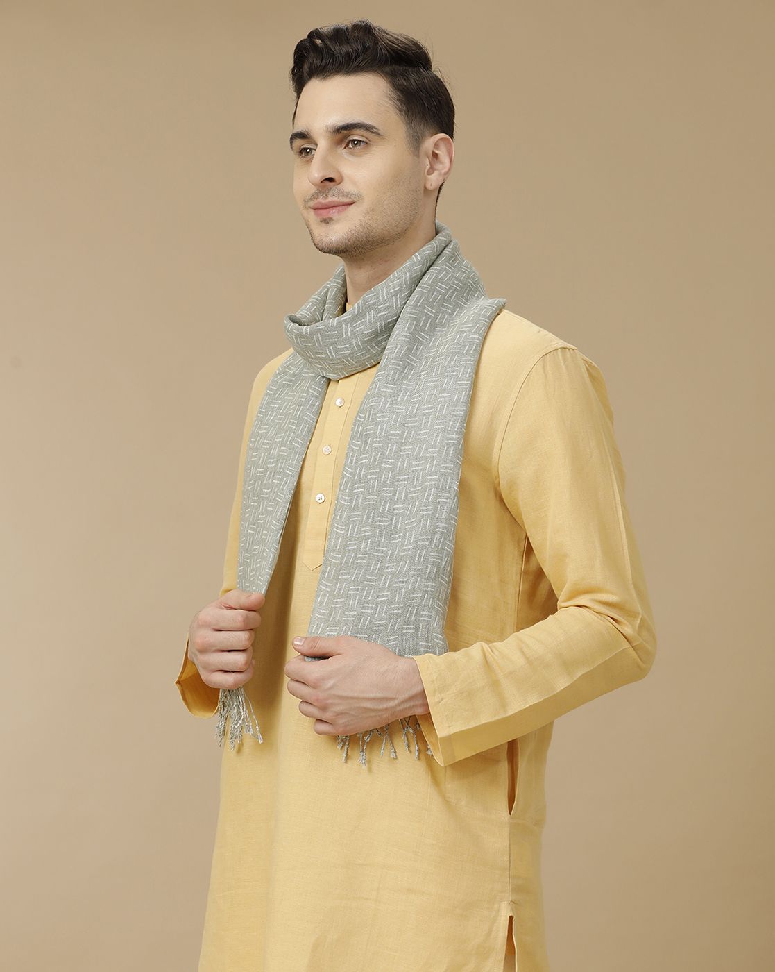 Unisex Green Printed Linen Stole