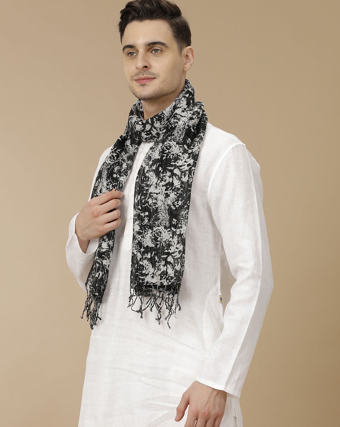 Unisex Black Printed Linen Stole