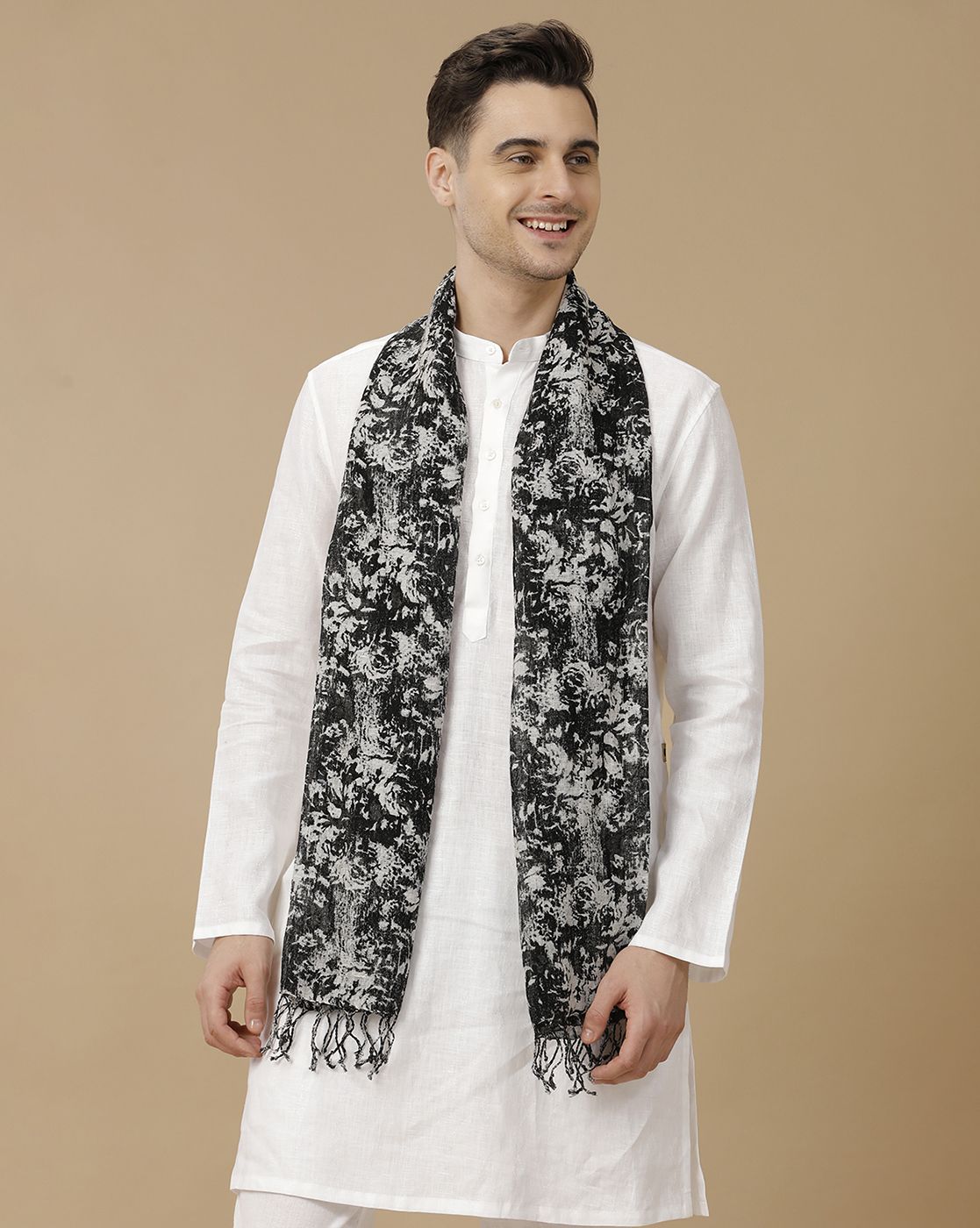 Unisex Black Printed Linen Stole
