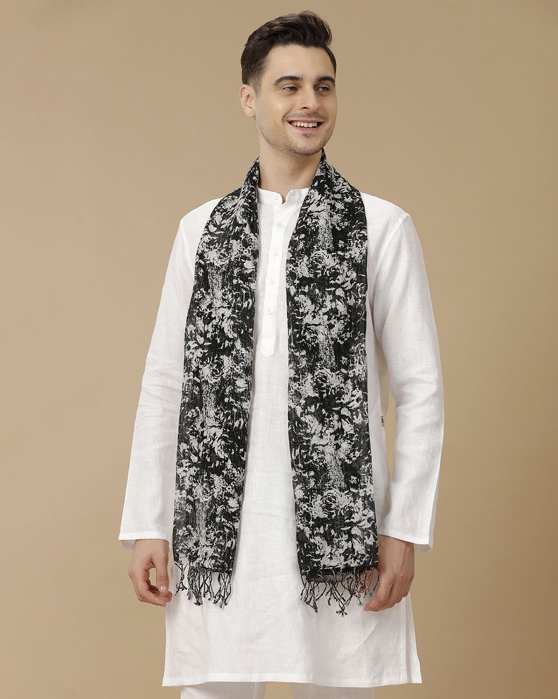 Unisex Black Printed Linen Stole
