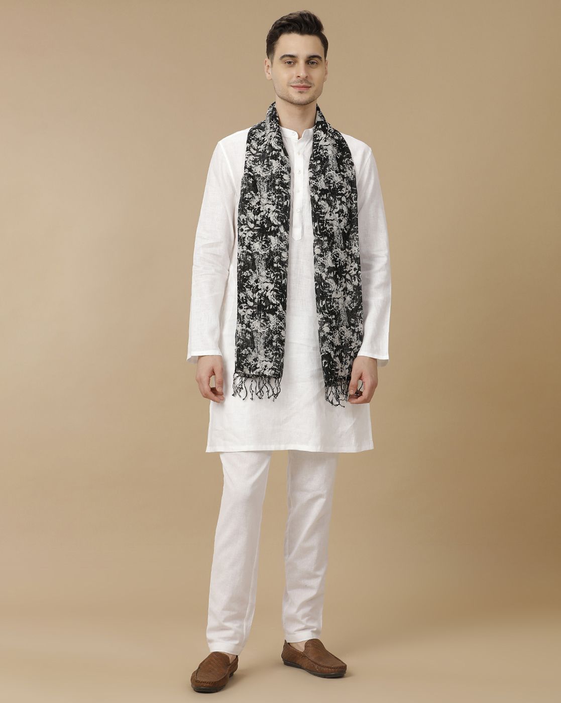 Unisex Black Printed Linen Stole