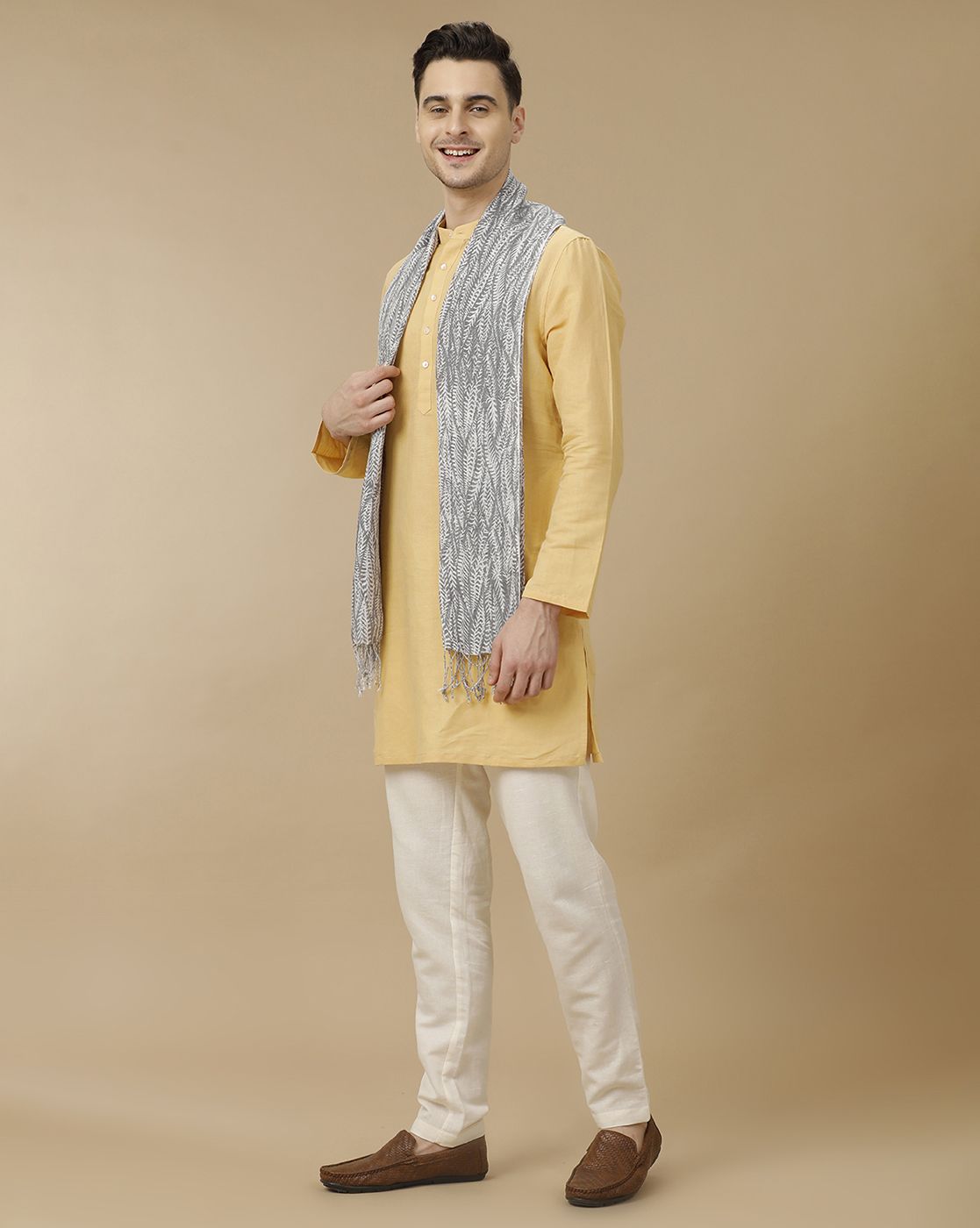 Unisex Grey Printed Linen Stole