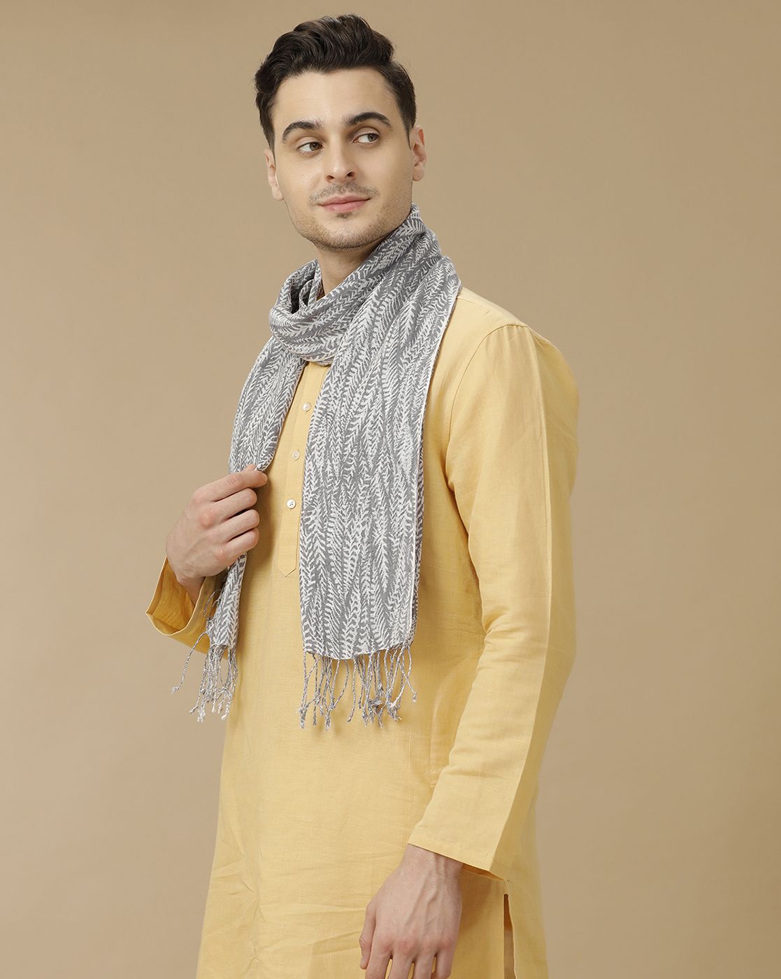 Unisex Grey Printed Linen Stole
