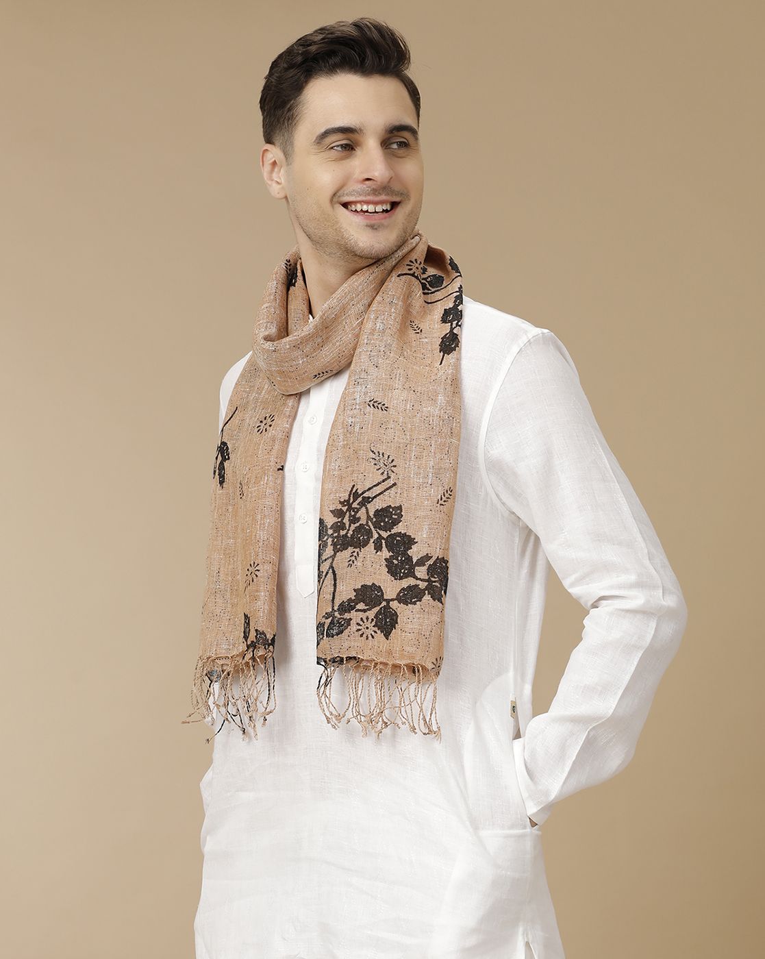 Unisex Brown Printed Linen Stole
