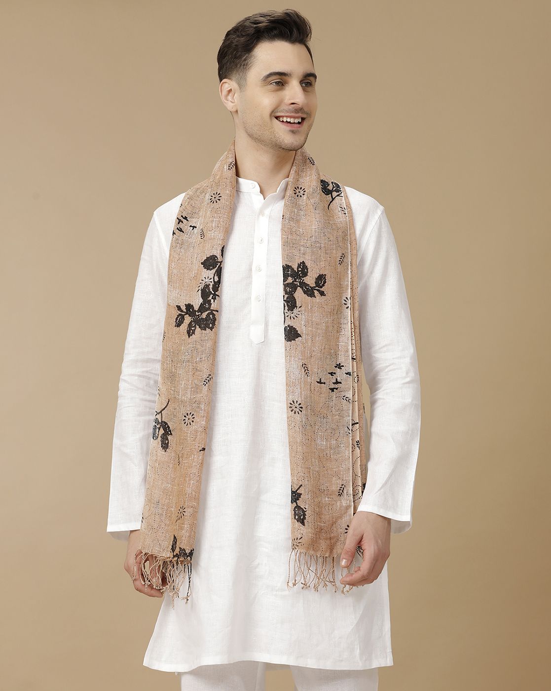 Unisex Brown Printed Linen Stole