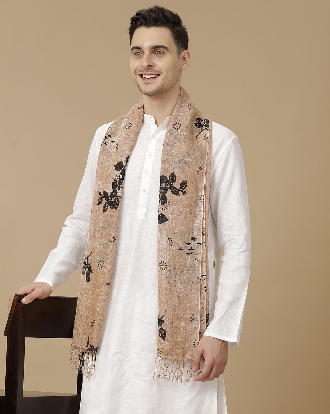 Unisex Brown Printed Linen Stole