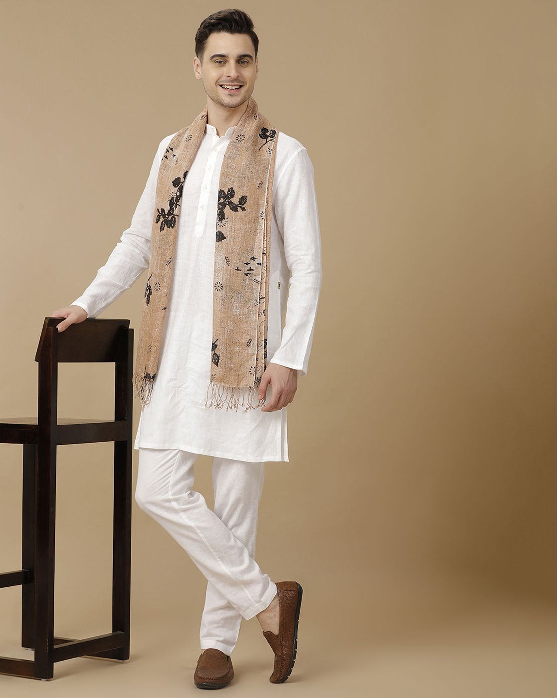 Unisex Brown Printed Linen Stole