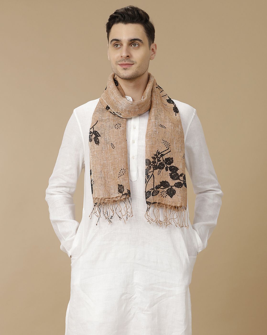 Unisex Brown Printed Linen Stole