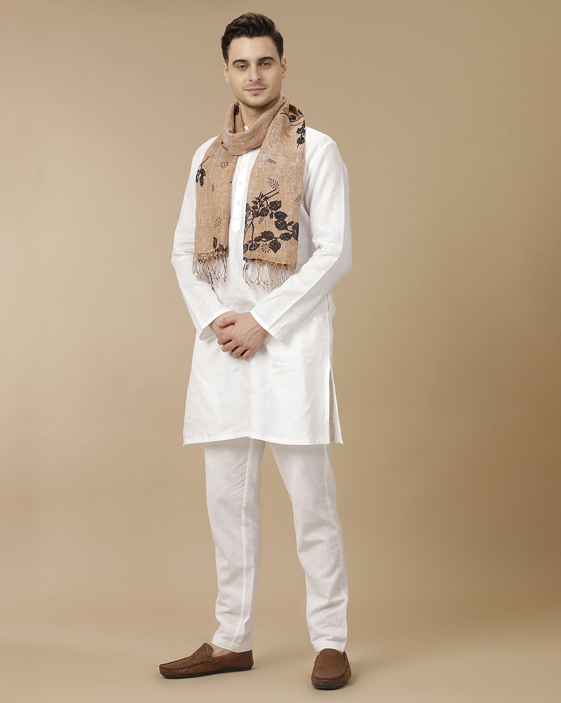 Unisex Brown Printed Linen Stole