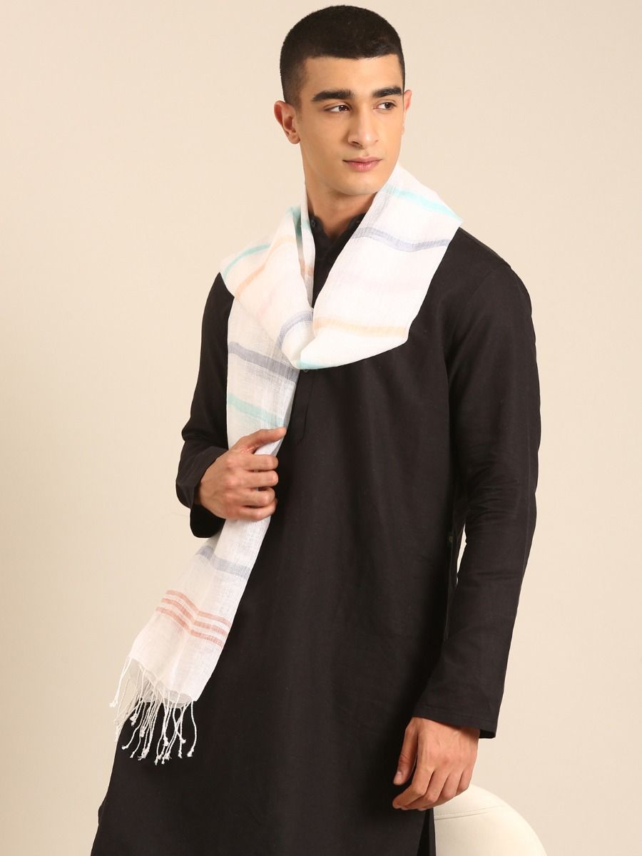 Linen Club Unisex Linen Stole Striped Off White (Size:Free)