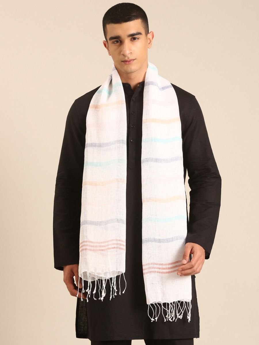 Linen Club Unisex Linen Stole Striped Off White (Size:Free)