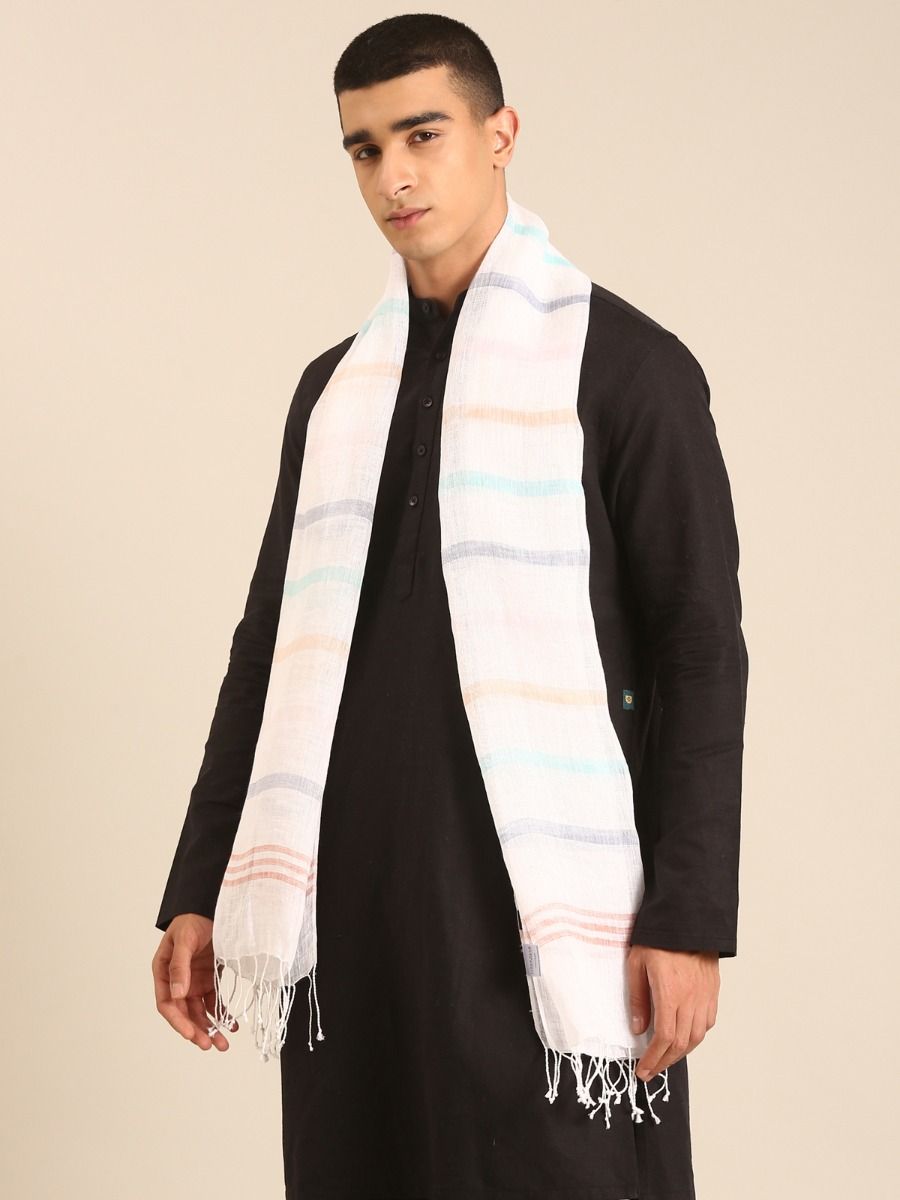 Linen Club Unisex Linen Stole Striped Off White (Size:Free)