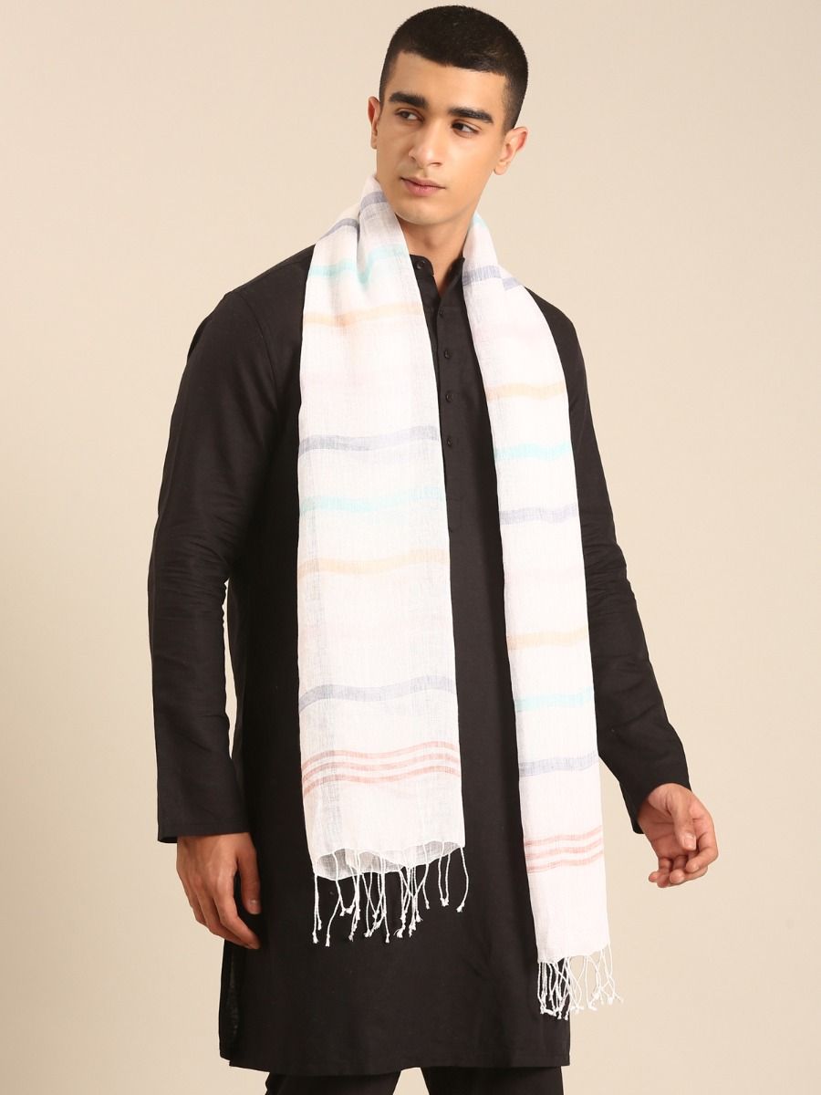 Linen Club Unisex Linen Stole Striped Off White (Size:Free)