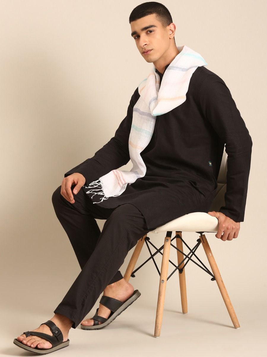 Linen Club Unisex Linen Stole Striped Off White (Size:Free)