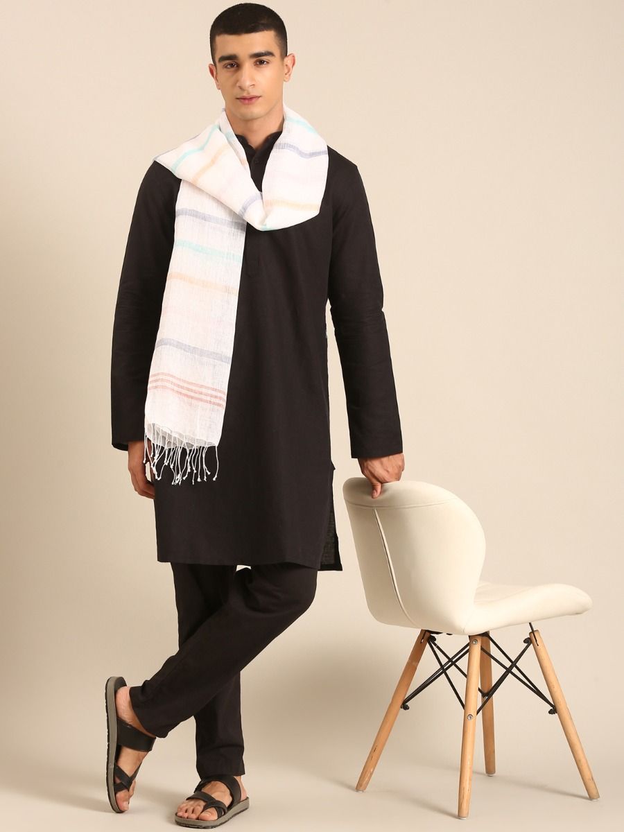 Linen Club Unisex Linen Stole Striped Off White (Size:Free)