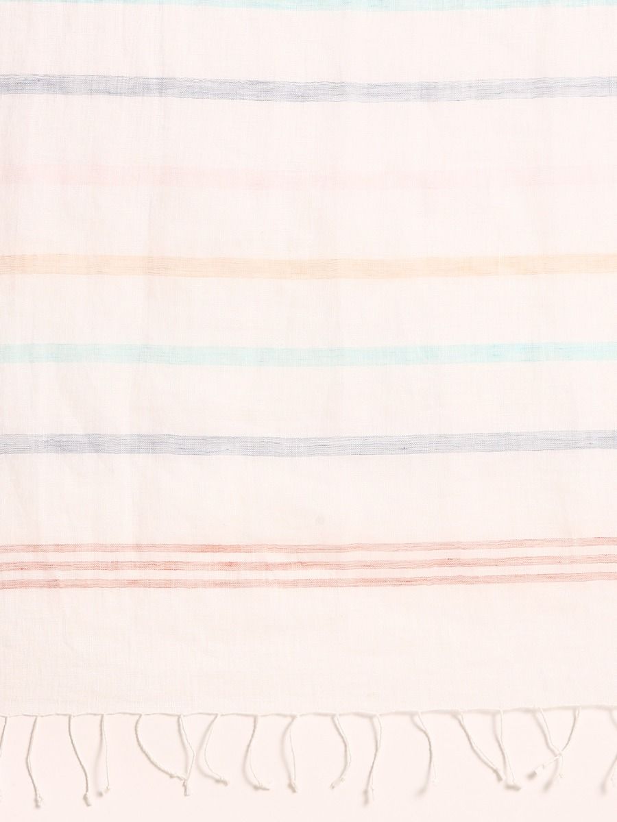 Linen Club Unisex Linen Stole Striped Off White (Size:Free)