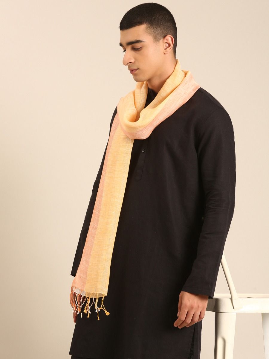 Linen Club Unisex Linen Stole Striped Pale Yellow (Size:Free)