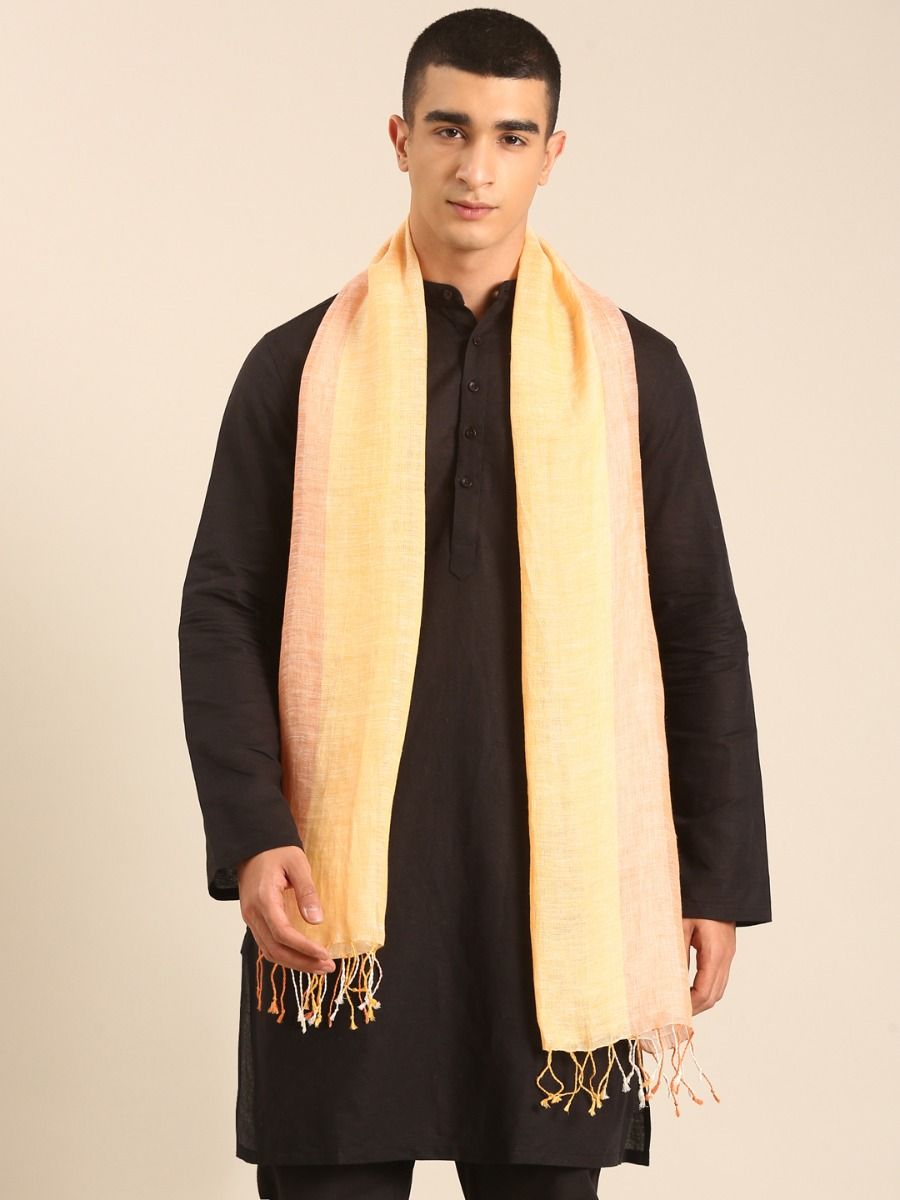 Linen Club Unisex Linen Stole Striped Pale Yellow (Size:Free)