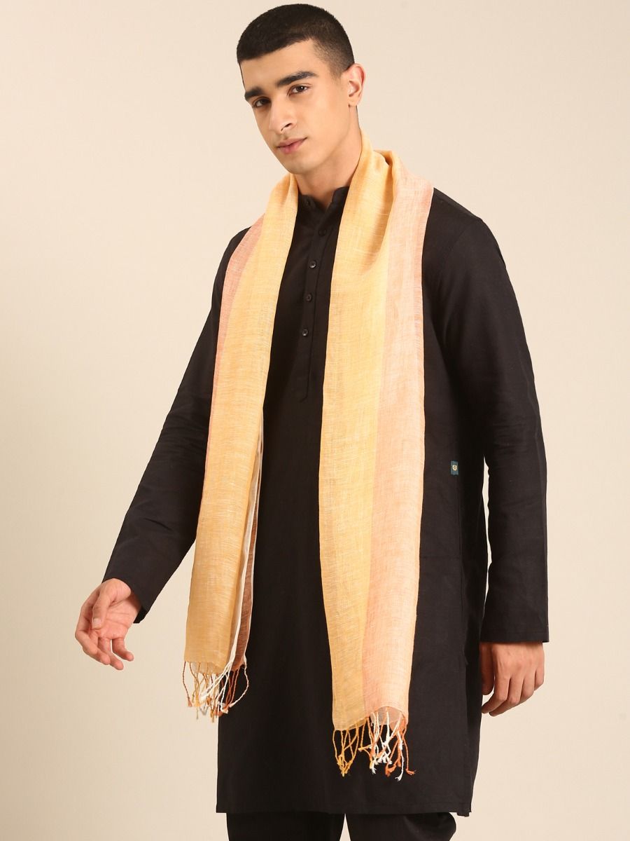 Linen Club Unisex Linen Stole Striped Pale Yellow (Size:Free)