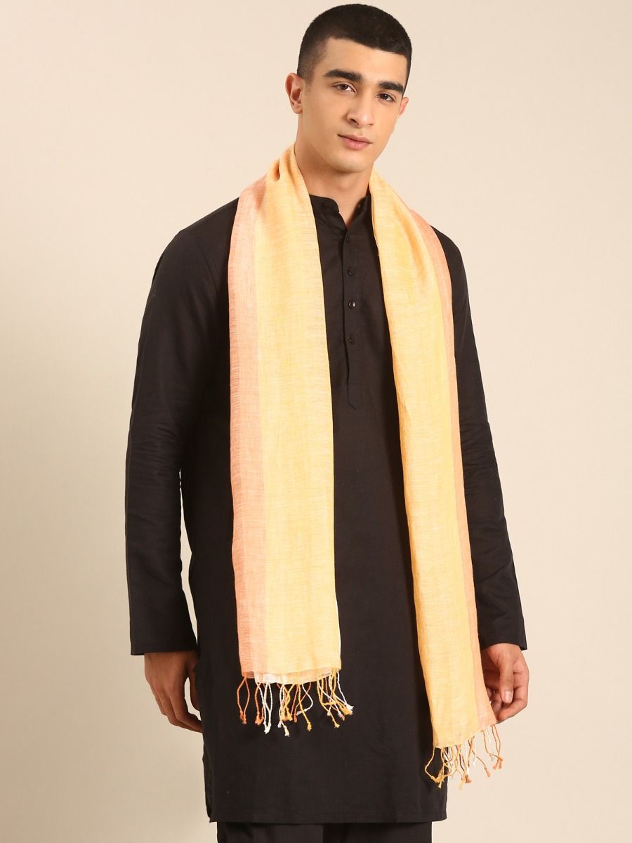 Linen Club Unisex Linen Stole Striped Pale Yellow (Size:Free)