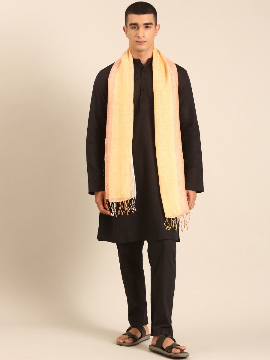 Linen Club Unisex Linen Stole Striped Pale Yellow (Size:Free)
