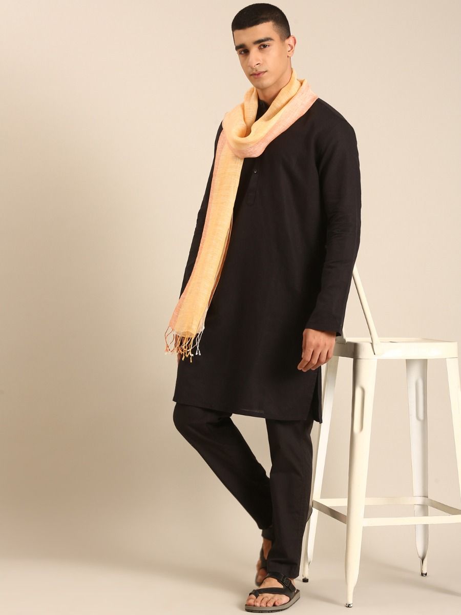 Linen Club Unisex Linen Stole Striped Pale Yellow (Size:Free)