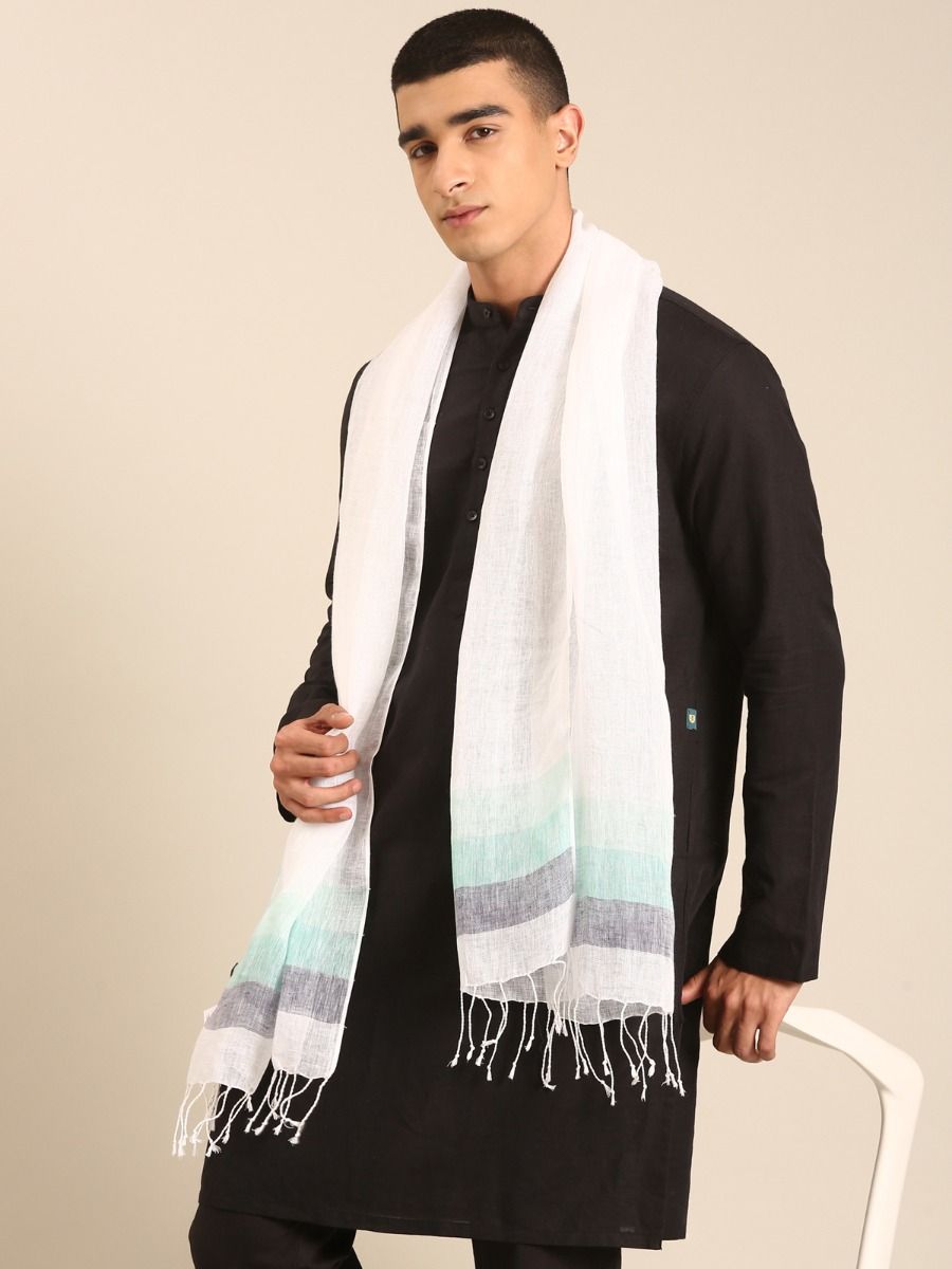 Linen Club Unisex Linen Stole Striped White (Size:Free)