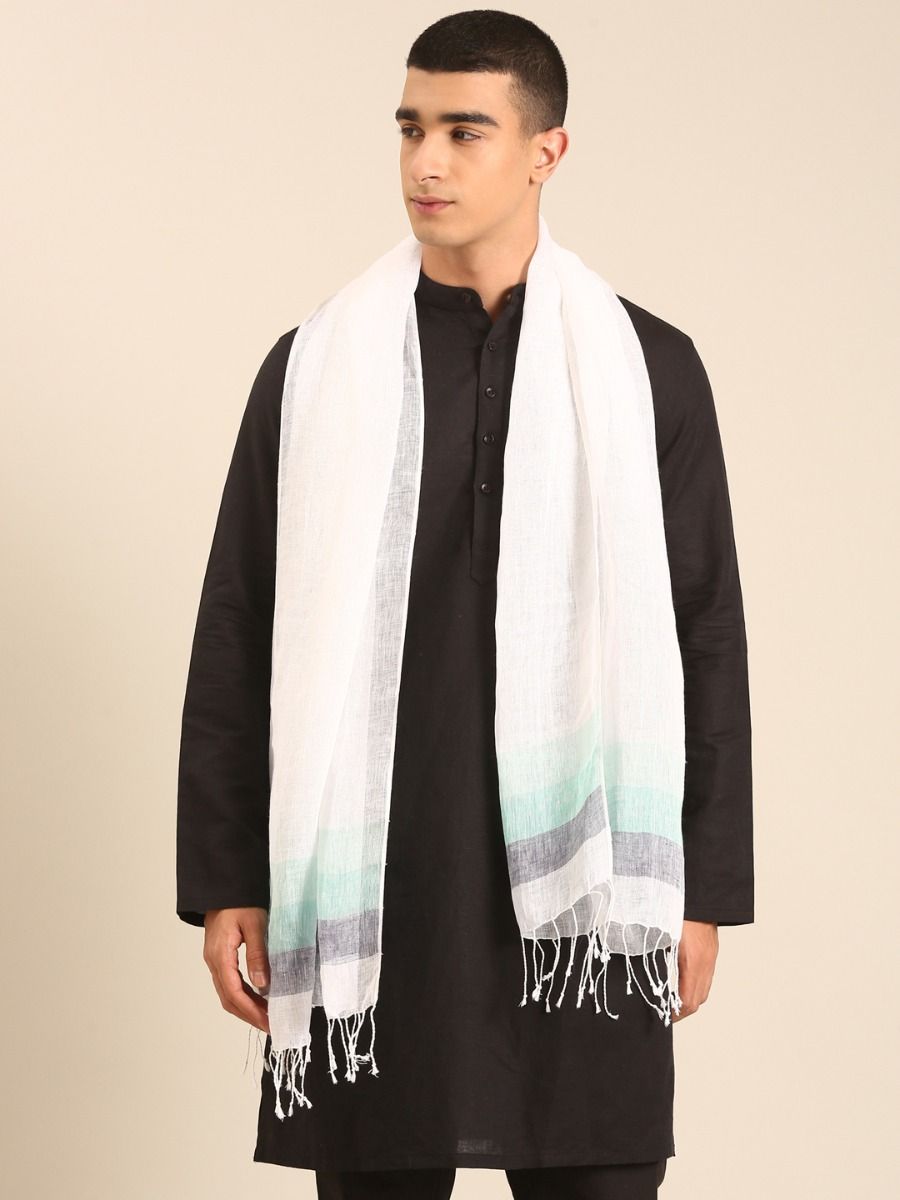Linen Club Unisex Linen Stole Striped White (Size:Free)