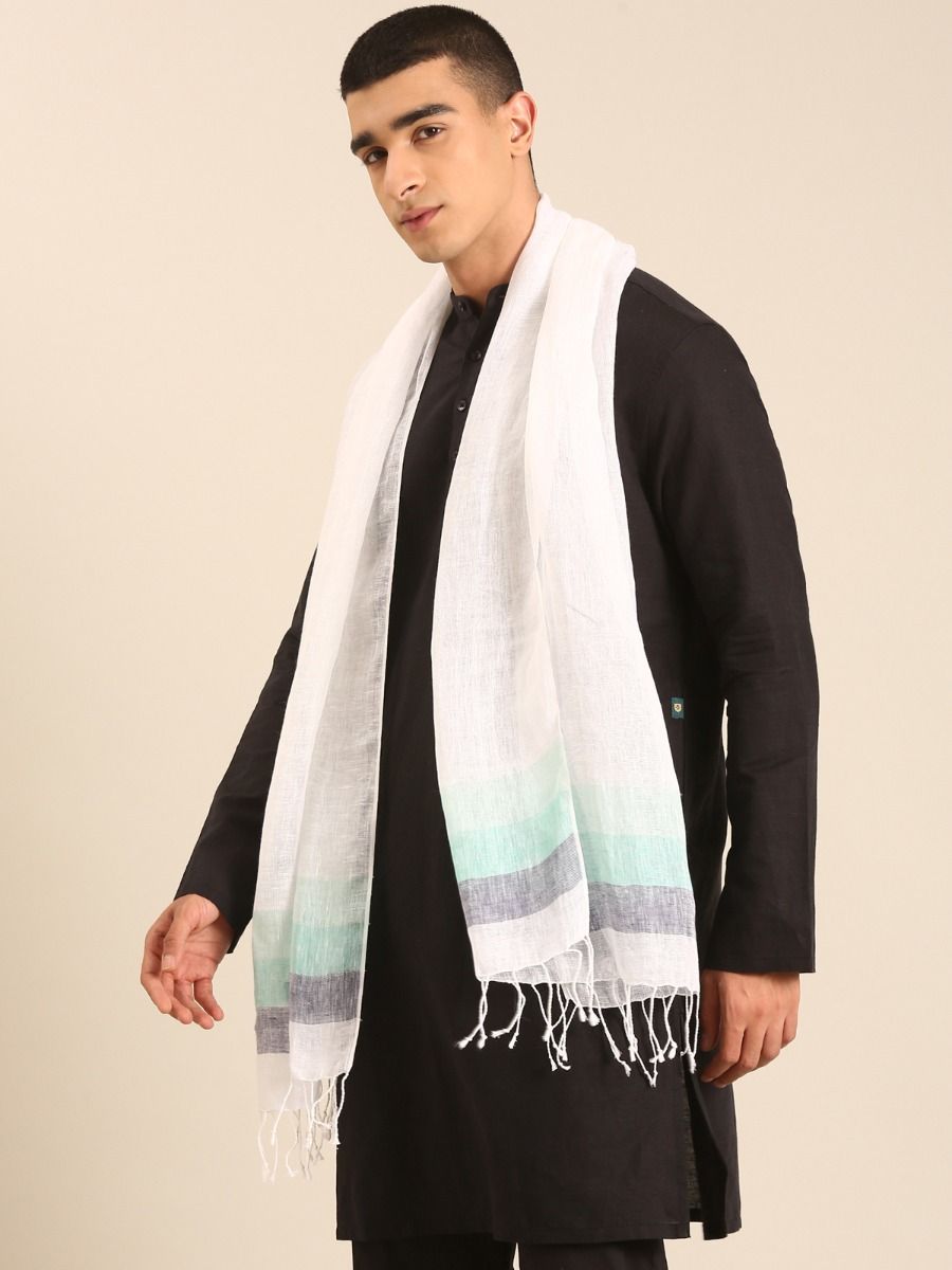 Linen Club Unisex Linen Stole Striped White (Size:Free)