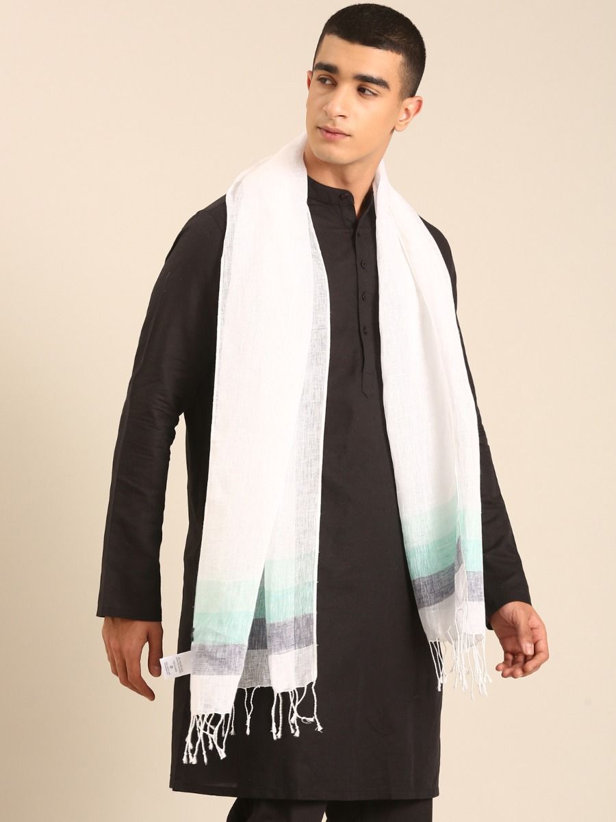 Linen Club Unisex Linen Stole Striped White (Size:Free)