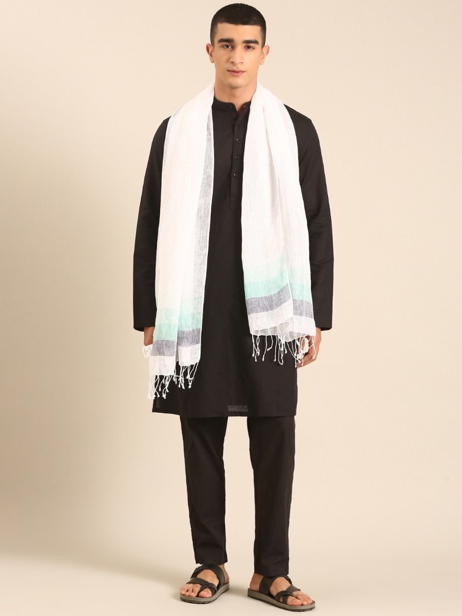 Linen Club Unisex Linen Stole Striped White (Size:Free)