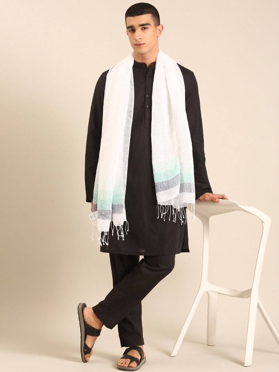 Linen Club Unisex Linen Stole Striped White (Size:Free)