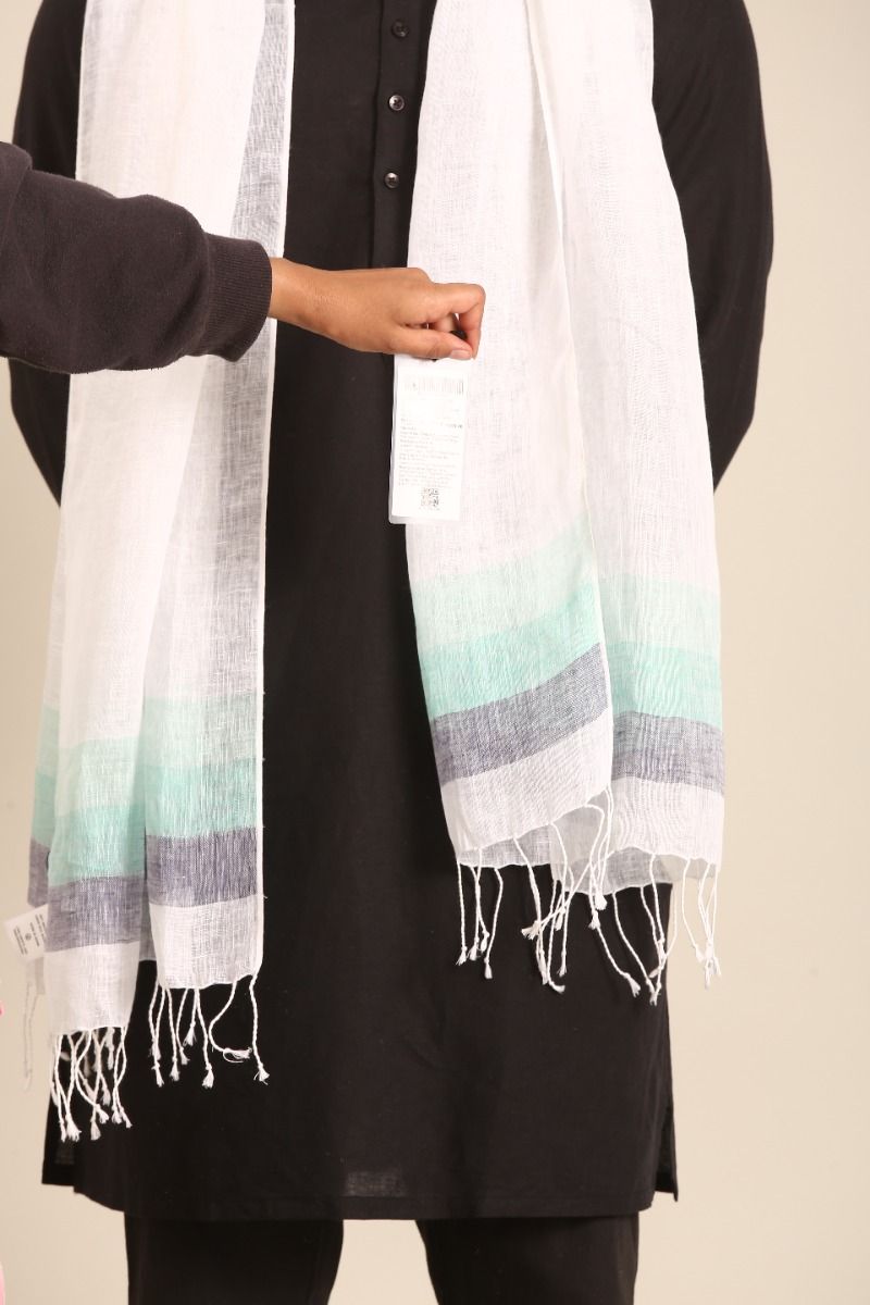 Linen Club Unisex Linen Stole Striped White (Size:Free)