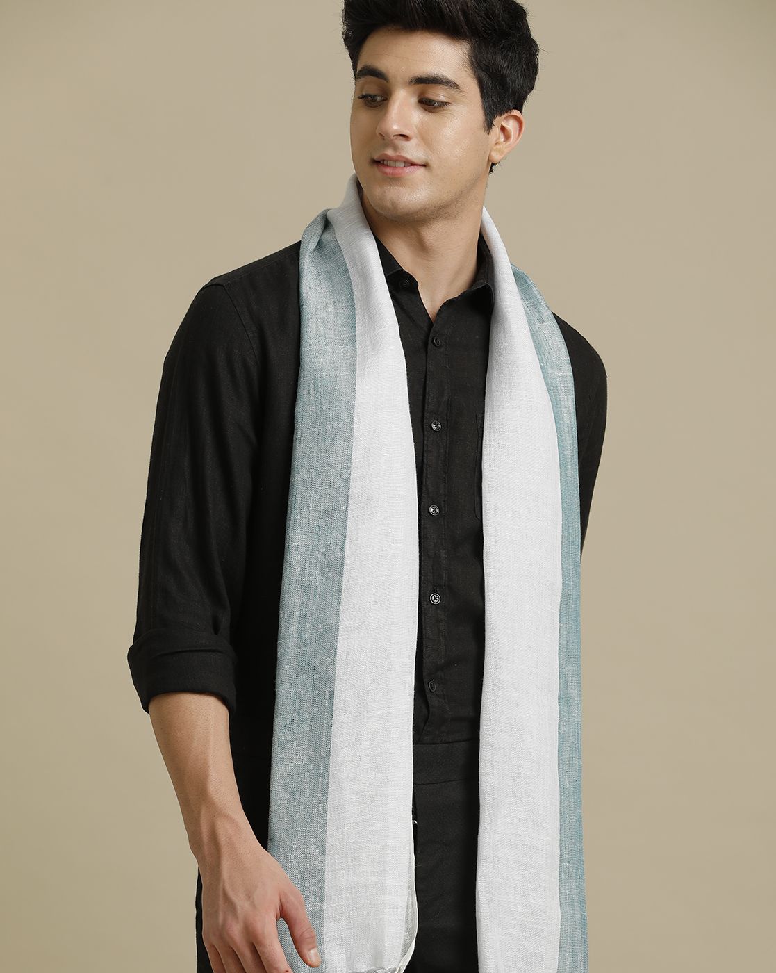 Linen Club Green Striped Pure Linen Unisex Stole