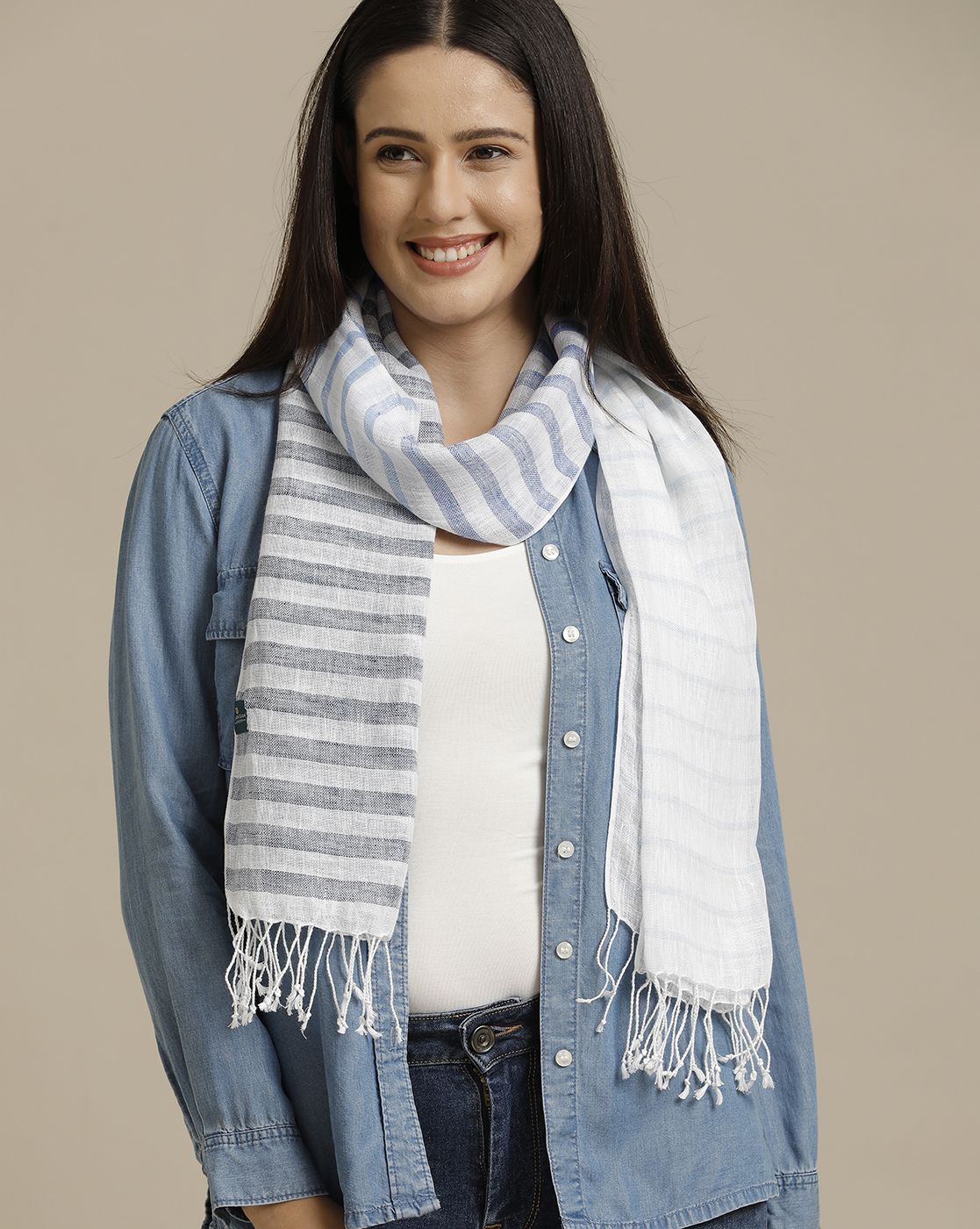 Linen Club Blue Striped Pure Linen Unisex Stole