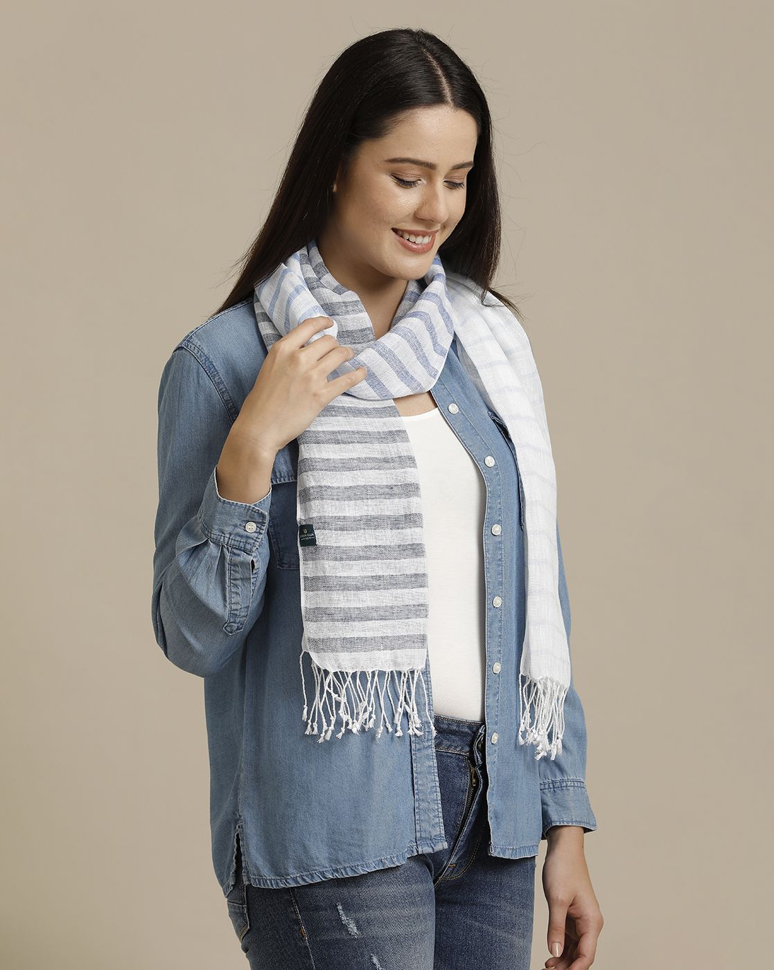 Linen Club Blue Striped Pure Linen Unisex Stole