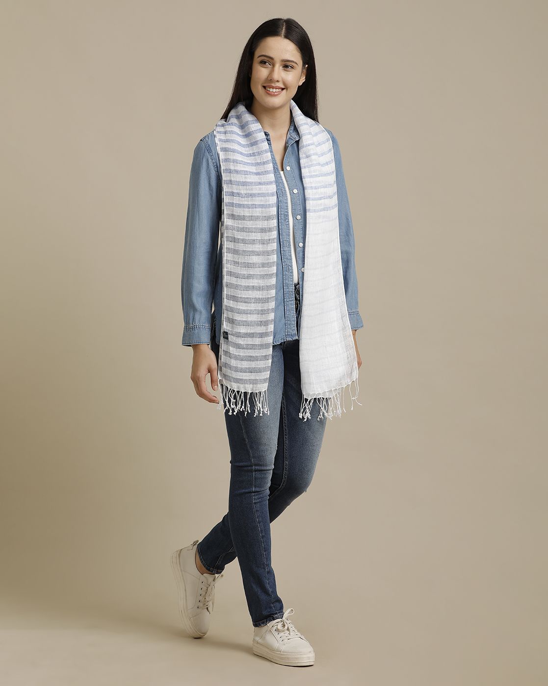 Linen Club Blue Striped Pure Linen Unisex Stole