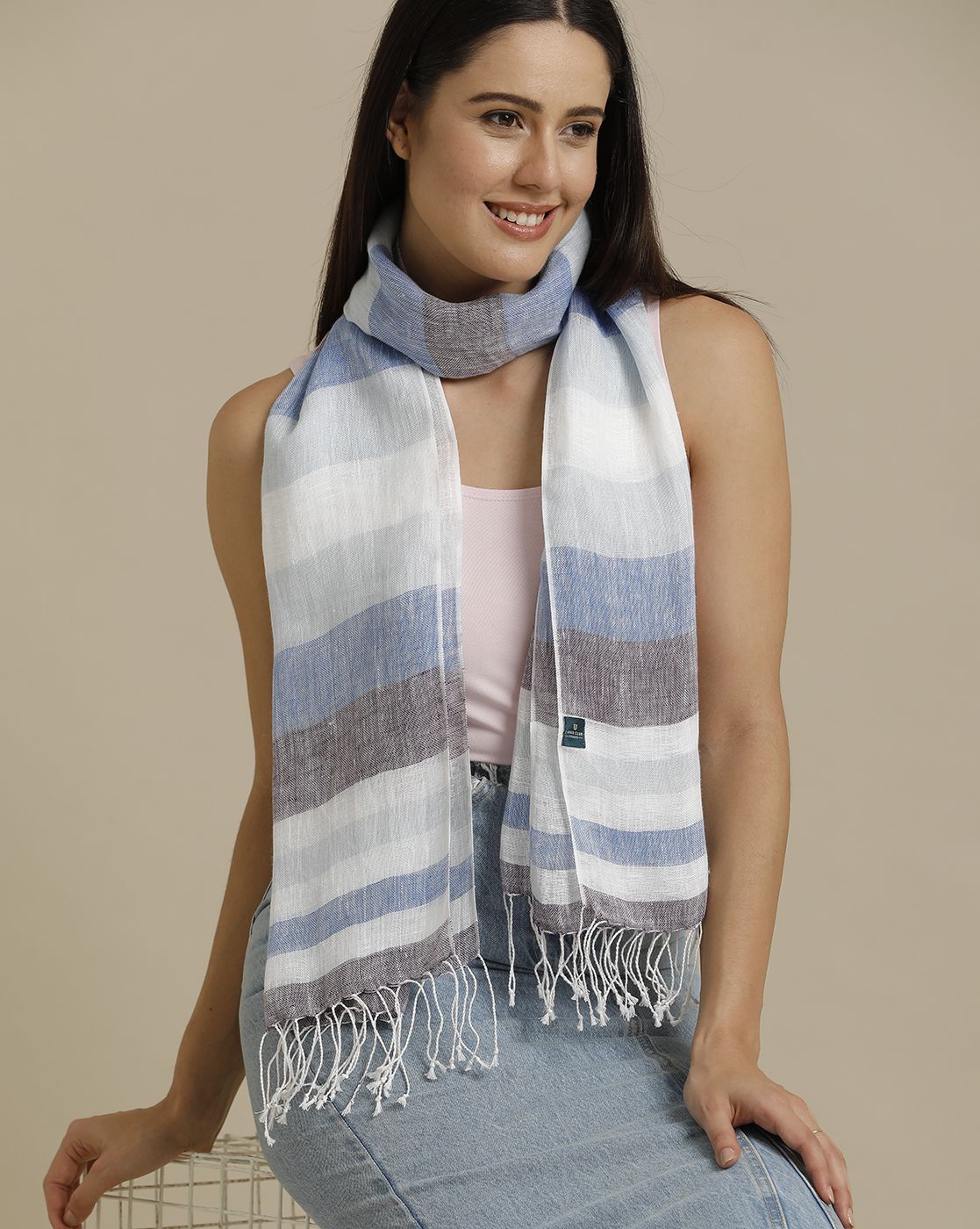 Unisex Blue Striped Linen Stole